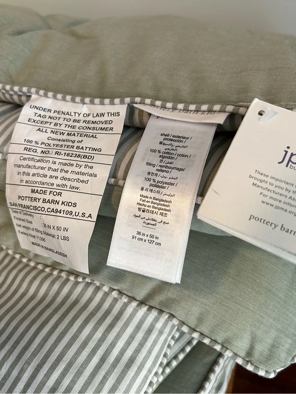 Chambray Reversible Toddler Comforter (Crib Sized ) color Sage. NEW